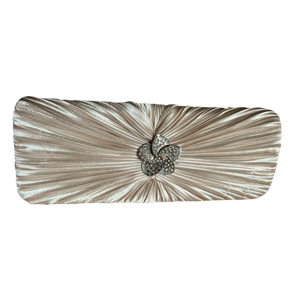 Gunne Sax Jessica McClintock‎ Champagne Satin Pleated Rhinestone  Clutch Bag